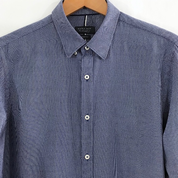 ZARA Blue/White Textured Weave Button Down Shirt - Picture 5 of 8